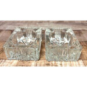 Vintage Clear Pressed Glass Rectangular Ashtray Set Of 2 With Starburst Pattern